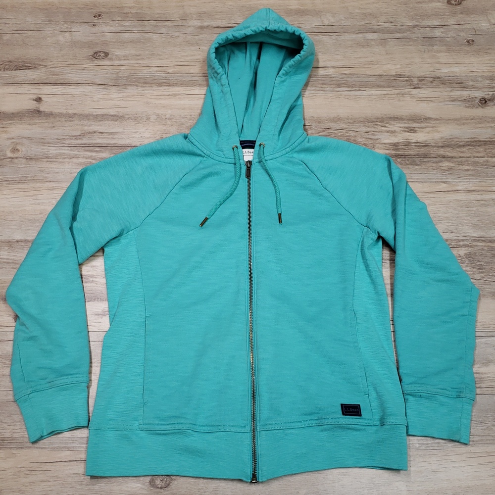 L.L. Bean Hoodie Sweatshirt Womens XS Petite Green Full Zip Cotton Knit Casual